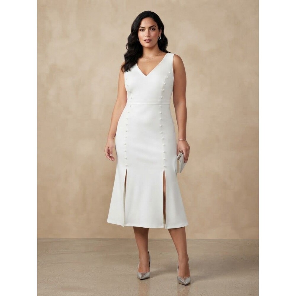 Calvin Klein Off White Sleeveless V-Neck Trumpet Midi Dress Size 10 Stretch